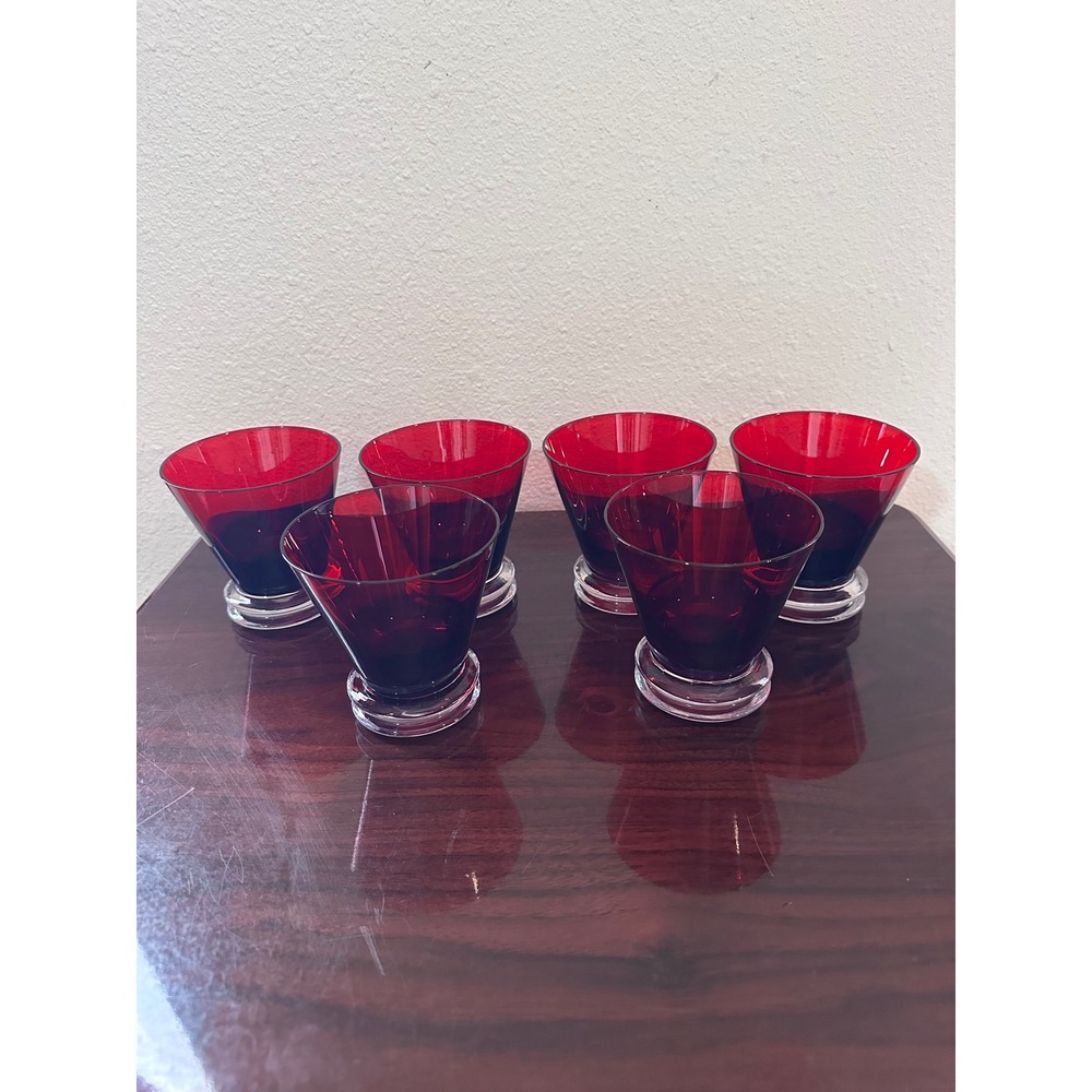Vintage Ruby Red Flared Cocktail Glasses with Clear Stacked Base Set of 6